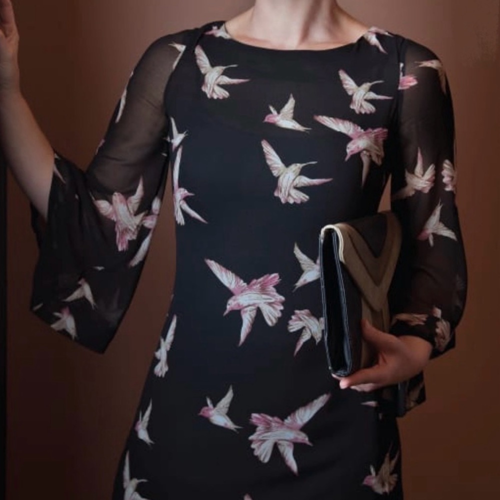 JARLO Bird Print Dress in Black with pink details, size m / uk 12